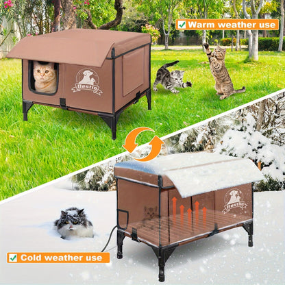 3-in-1 Heated Cat House with Removable Warming Pad & Elevated Bed – Chew-Resistant Cord, Double Door, All-Season Indoor Outdoor Cat Shelter Cave Condo for Cats Kittens & Small Dogs
