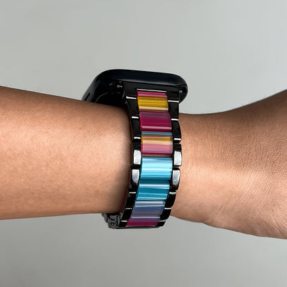 Apple Watch Band Women 42 44 45 46 49mm Stainless Steel Resin Starlight Rainbow Replacement Strap for iWatch Series 3-11 SE Ultra 1 2 3 – Work Office Fitness Party