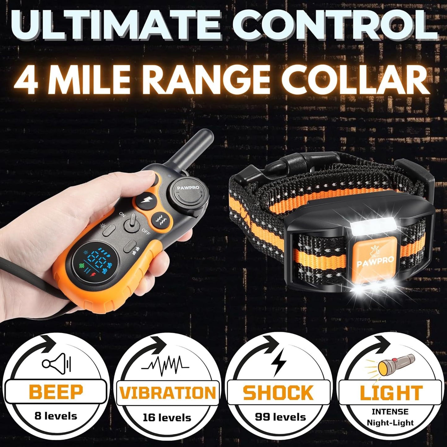 Dog Training Collar with Remote 4-Mile Range – 124 Adjustable Levels 4 Modes Beep Vibration Shock Night-Light Rechargeable E-Collar for Dogs 5–135 lbs with Training Guide