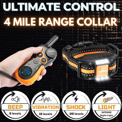 Dog Training Collar with Remote 4-Mile Range – 124 Adjustable Levels 4 Modes Beep Vibration Shock Night-Light Rechargeable E-Collar for Dogs 5–135 lbs with Training Guide