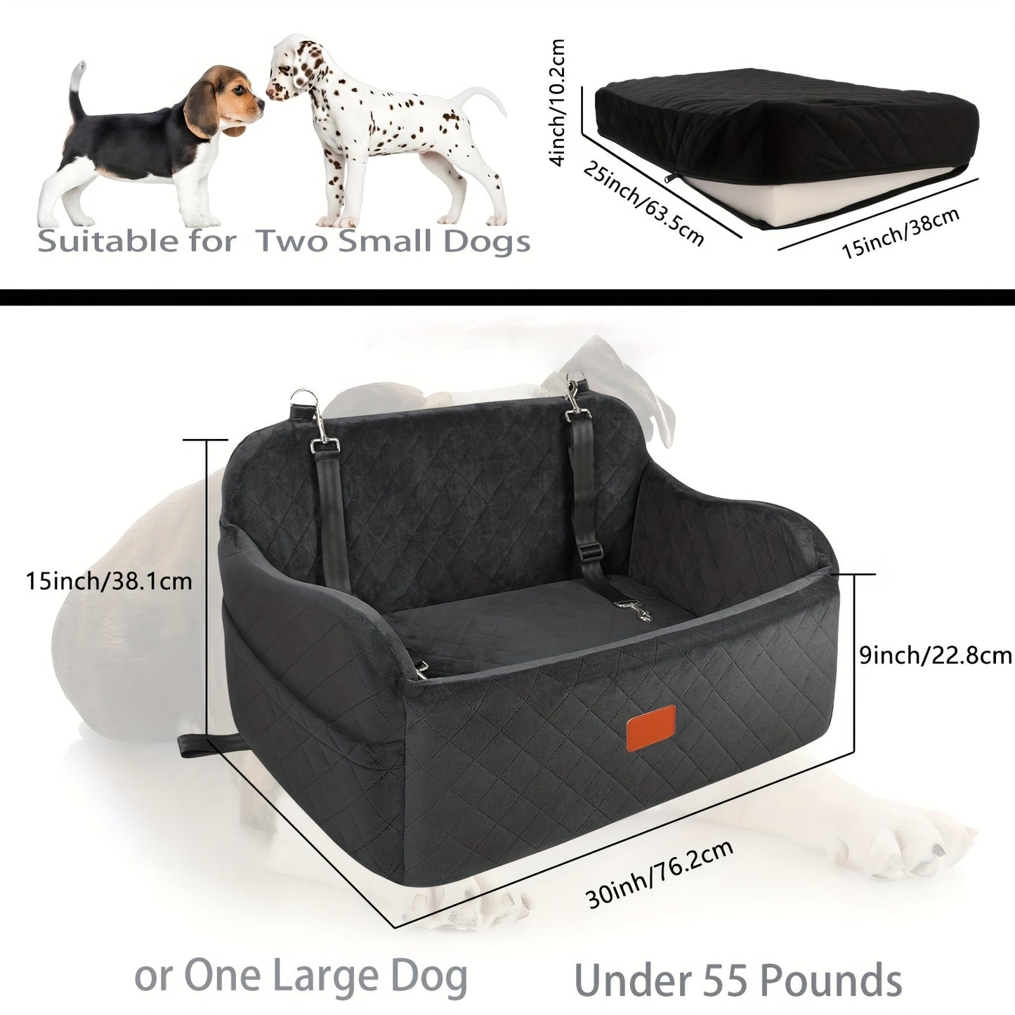 Dog Car Seat for Medium Large Dogs – Washable Memory Foam Pet Travel Car Bed with Seat Belt Pass-Through, Adjustable Straps & 3-Point Installation, Gray Black Brown All Black Black Gray