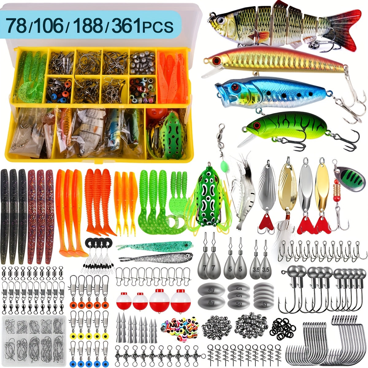 Fishing Lures Kit 78/106/188/361 Piece Freshwater Tackle Box Set, Spoon Lures Soft Plastic Worms Hooks & Accessories for Bass Trout Salmon Fishing, Complete Beginner & Pro Fishing Gear Gift