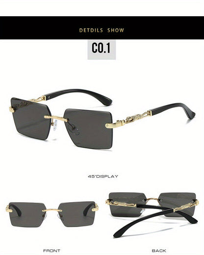 Unisex Luxury Frameless Sunglasses with Leopard Arms - UV400 Narrow Rectangular Lens Black & Gold Fashion Eyewear for Men & Women, Includes Protective Case & Cleaning Cloth for Driving Travel & Parties