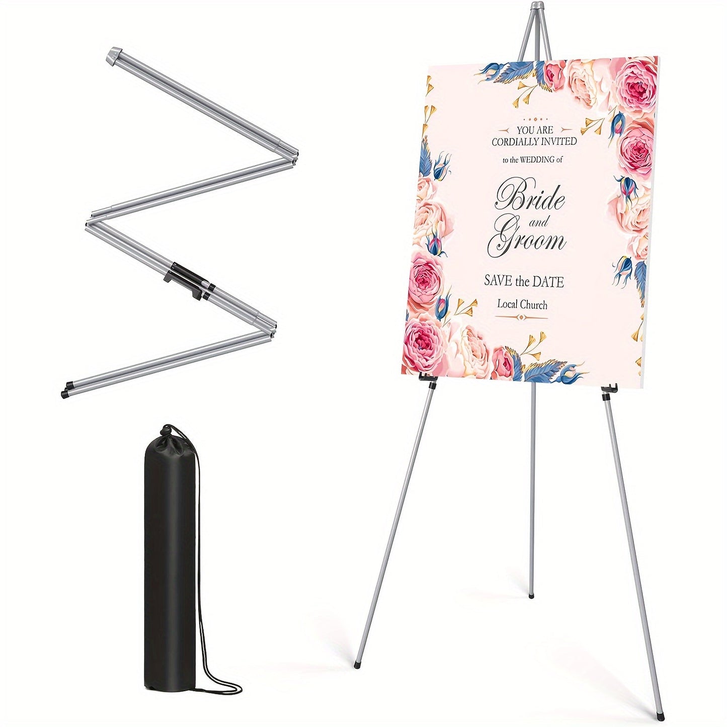 63 Inch Portable Tripod Easel Stand Foldable with Carrying Bag – Adjustable Metal Floor Easel for Wedding Signs Posters Art Painting Trade Shows and Events – Holds Up to 10 lbs