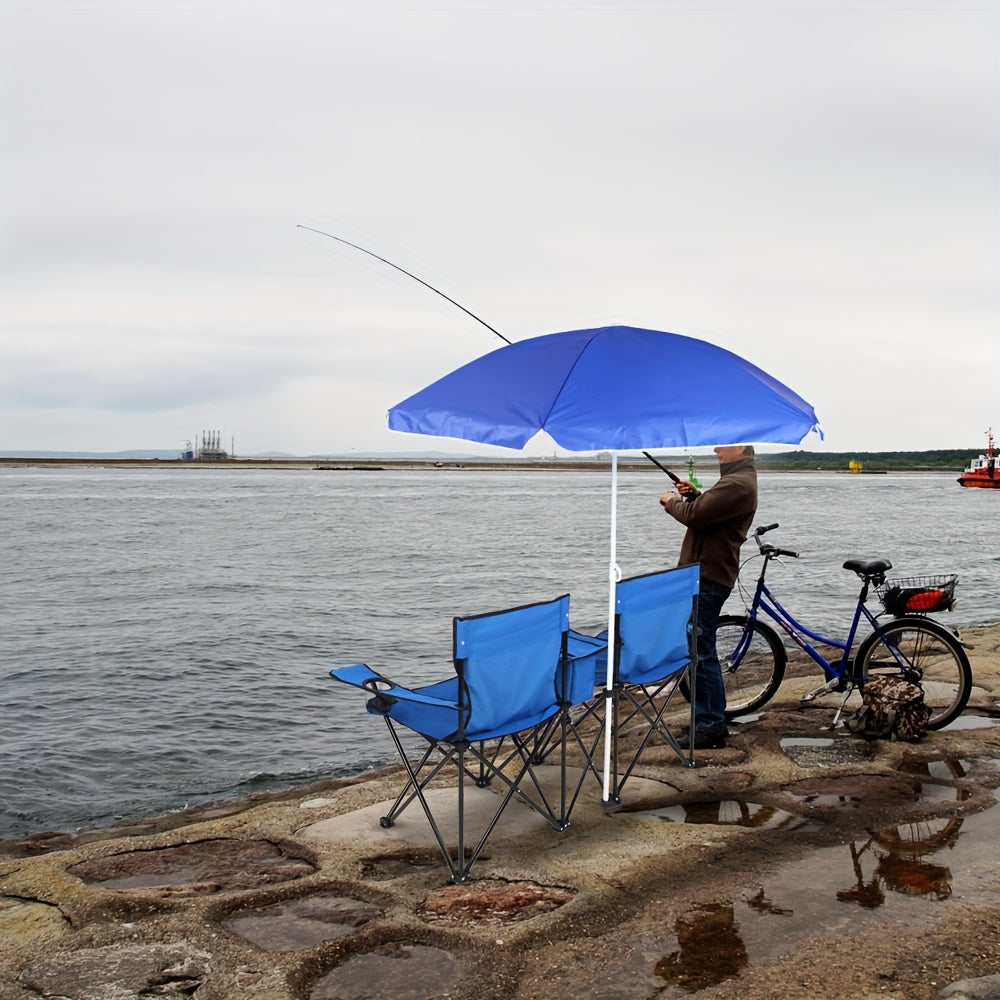 2-Person Outdoor Folding Chair with Removable Sun Umbrella – Portable Loveseat Camping Chair with Handrails for Fishing Beach Sunbathing Picnic