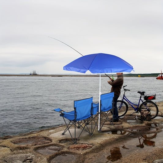 2-Person Outdoor Folding Chair with Removable Sun Umbrella – Portable Loveseat Camping Chair with Handrails for Fishing Beach Sunbathing Picnic
