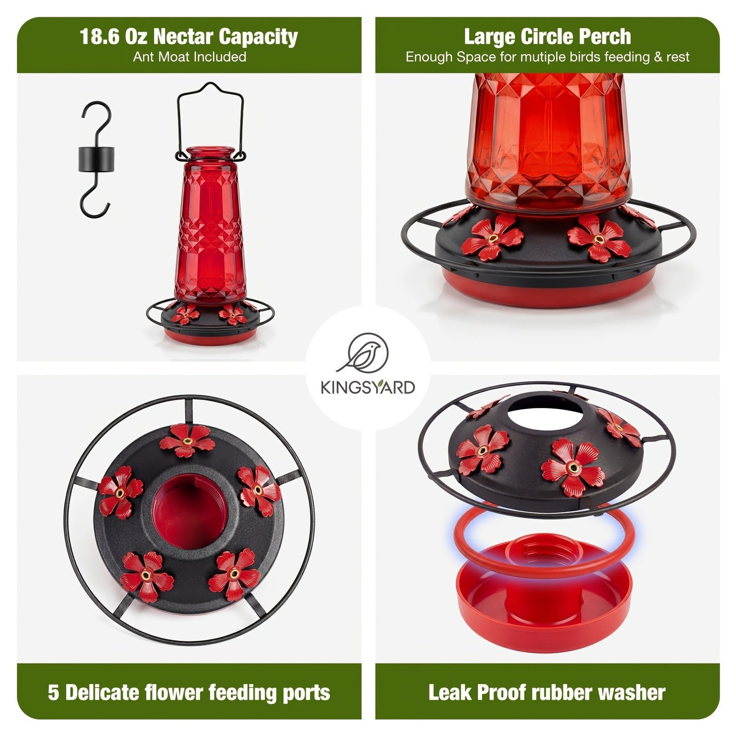 Glass Hummingbird Feeder for Outdoors Hanging – 24 Oz Nectar Feeder with 6 Feeding Ports, Ant Moat & Leak-Proof Design, 1 or 2 Pack, Red, Blue & Purple, Garden Patio Gift for Bird Lovers