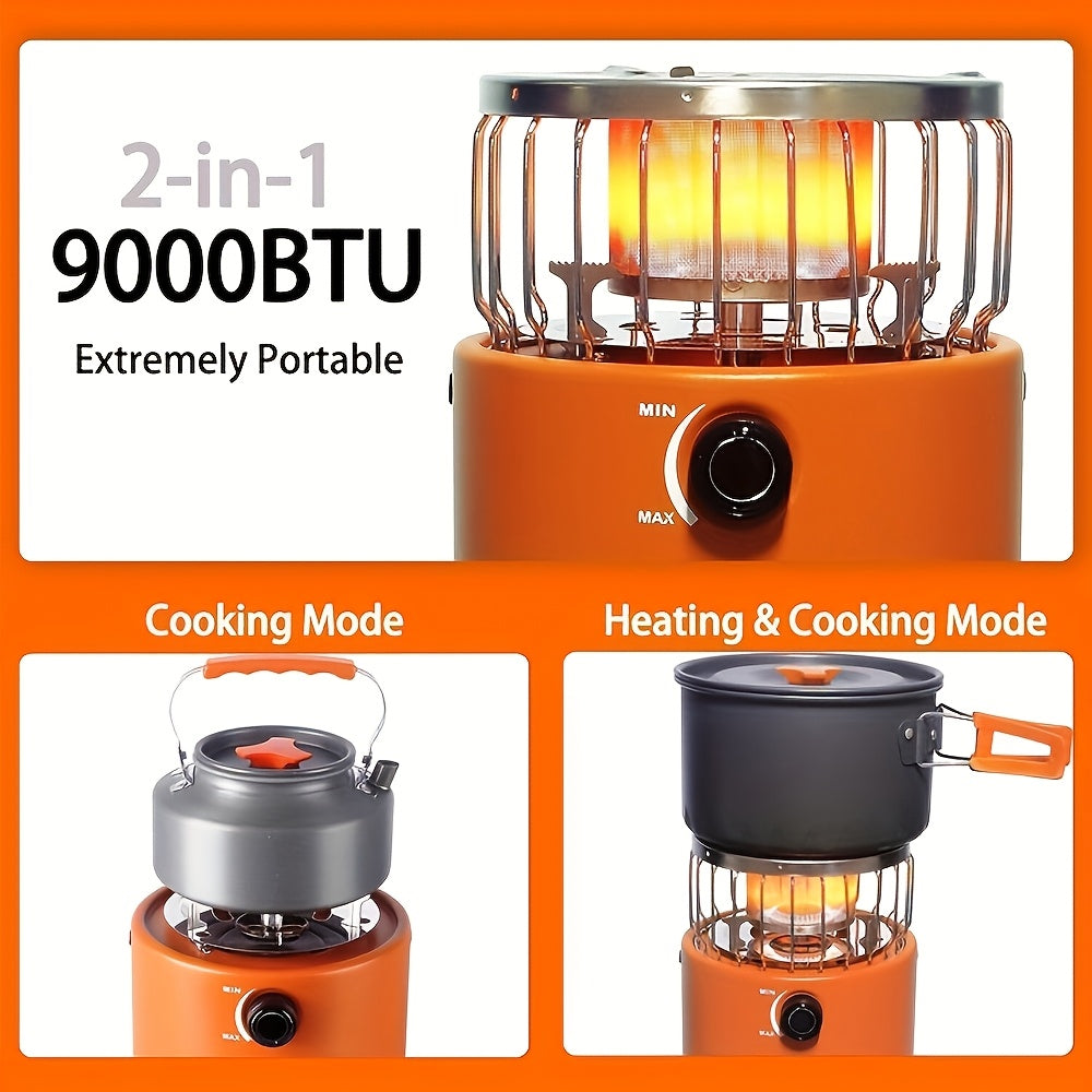 9000 BTU 2-in-1 Propane Camping Stove & Heater with Gas Hose & MAPP Converter – Adjustable Flame Portable Indoor Outdoor Gas Burner, Stainless Steel, 10.7x7 Inch Compact Design for Camping Cooking & Emergency Use