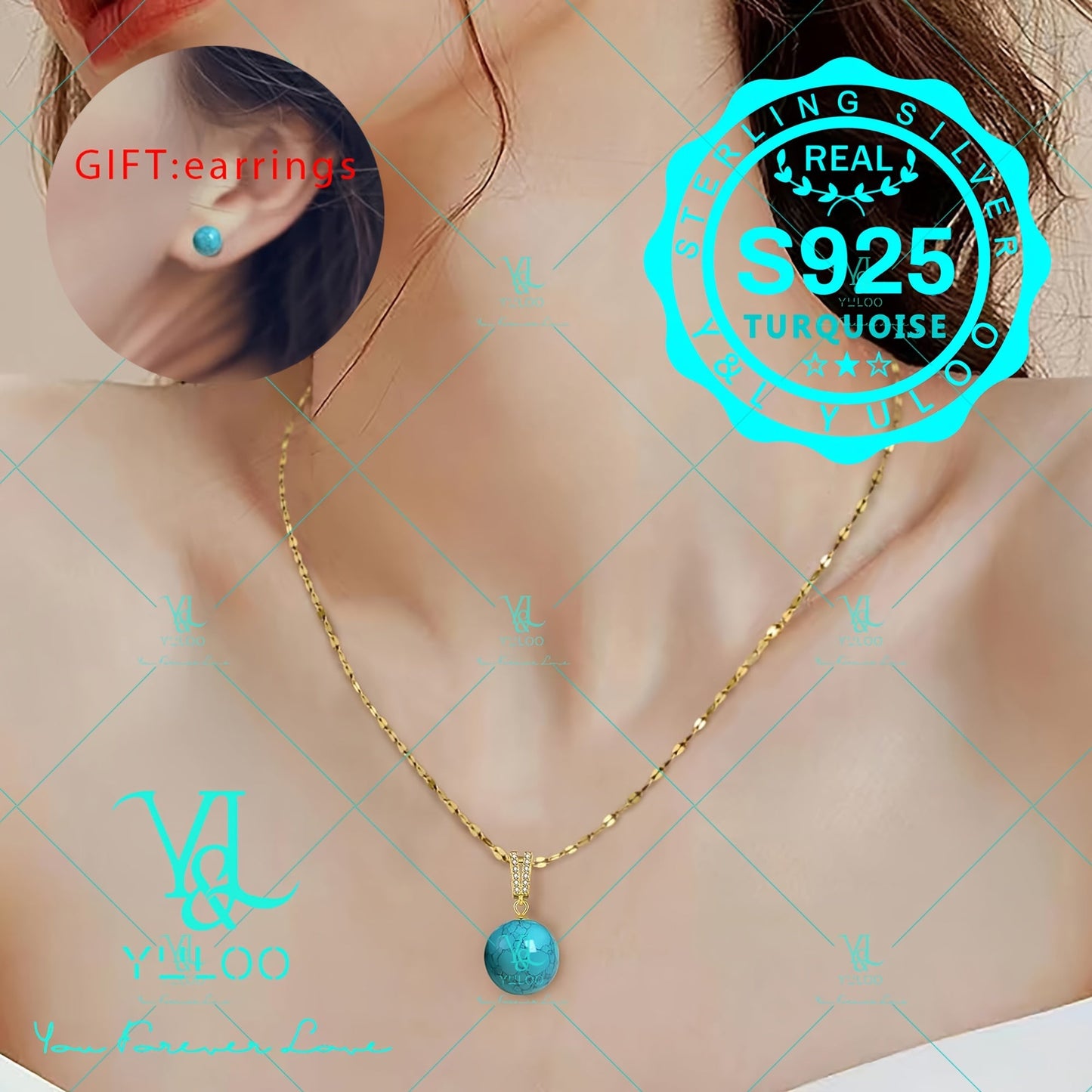 S925 Sterling Silver Natural Genuine Turquoise Pendant Necklace 18+2 Inch – Elegant Boho Gemstone Jewelry for Women with Bonus Earrings, Available in Silver & Gold, Perfect Gift for Her