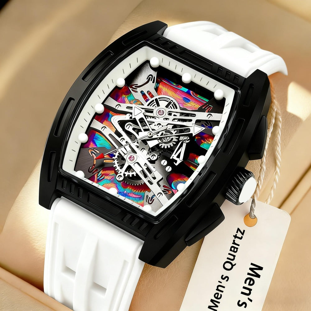 Men's Barrel Shape Tonneau Quartz Watch – Retro Vintage Style Silicone Strap Fashion Business Wristwatch, Luxury Male Analog Watch in 5 Colors White Black Red Blue Green, Birthday Holiday Gift for Him
