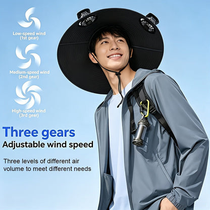 Men's Wide Brim Sun Hat with 2 Built-In Fans – Breathable UV Protection Fishing Hat for Outdoor Camping Hiking Beach Summer
