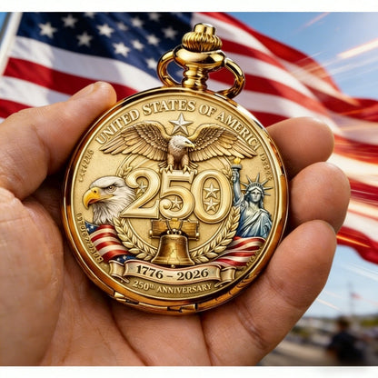 USA 250th Anniversary Pocket Watch 1776-2026 – Retro Wind-Up Timepiece with Bald Eagle & Statue of Liberty, Patriotic Commemorative Gift for History Buffs, Collectors & American Pride