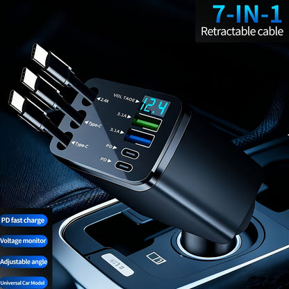 7-in-1 Car Fast Charger with 3 Retractable Cables LED Digital Display 180° Adjustable Universal Plug - Multi-Port Car Phone Charger for iPhone Android USB-C