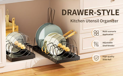 Pull-Out Pot & Pan Cabinet Organizer with Sliding Lid Rack – 8/16 Adjustable Dividers, Drill-Free Install, Kitchen Sliding Storage Box for Lids, Baking Tools & Plates – 1pc or 2pcs, Black & White