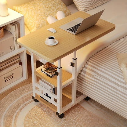 Height Adjustable Rolling Laptop Table with 4 Wheels & Dual Shelves – Mobile Workstation Desk for Bedside Dorm Office Living Room, Sturdy Steel Frame Space-Saving Design