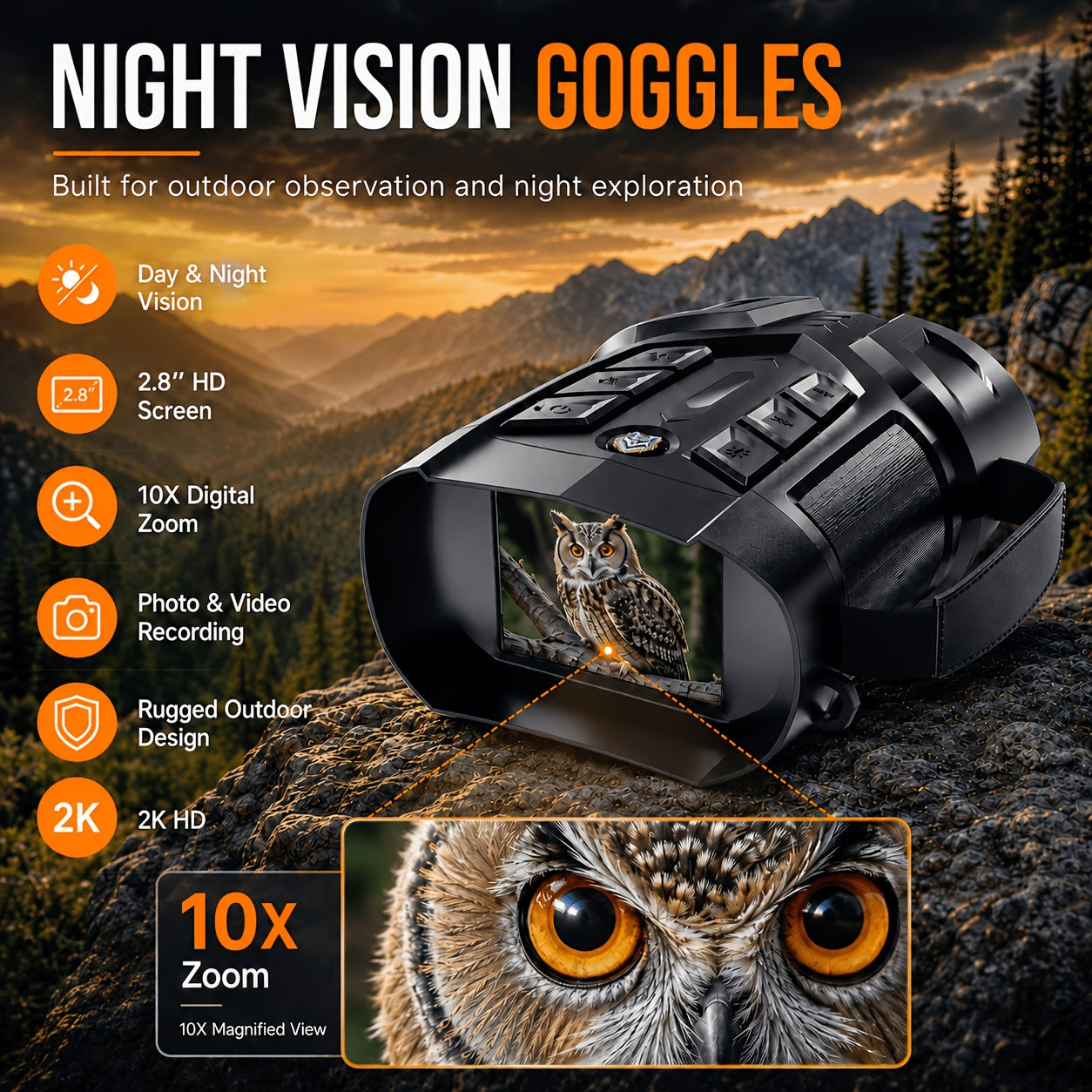 Night Vision Goggles 2K Ultra HD – IR Night Vision Binoculars with IPS Screen, Rechargeable Battery, 10X Zoom, 2600ft Range, for Hunting Camping Security Surveillance, Gift for Men