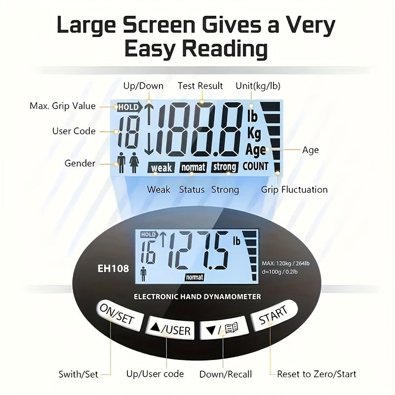 Digital Hand Grip Strength Tester – Hand Dynamometer 264 lbs / 120 kg Adjustable Grip Trainer for Sports Training, Fitness Testing, Physical Therapy & Rehabilitation, Men Women Athletes