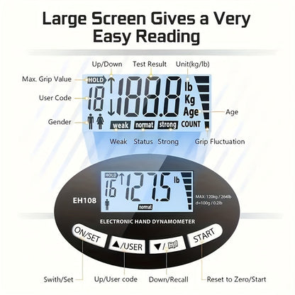Digital Hand Grip Strength Tester – Hand Dynamometer 264 lbs / 120 kg Adjustable Grip Trainer for Sports Training, Fitness Testing, Physical Therapy & Rehabilitation, Men Women Athletes