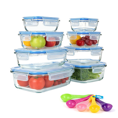 Glass Food Storage Containers with Lids 16-Piece Set (8 Containers + 8 Lids), Airtight Meal Prep Containers Microwave Oven Freezer Safe, Lunch Boxes for Salads Fruits Vegetables Sandwiches Leftovers