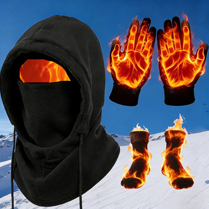 Winter Thermal Set 3/4pcs Windproof Face Mask Touchscreen Gloves Thick Fleece Socks Cold Weather Gear for Snowboarding Skiing Hiking Ice Fishing – Lightweight Warm Outdoor Accessories Bundle