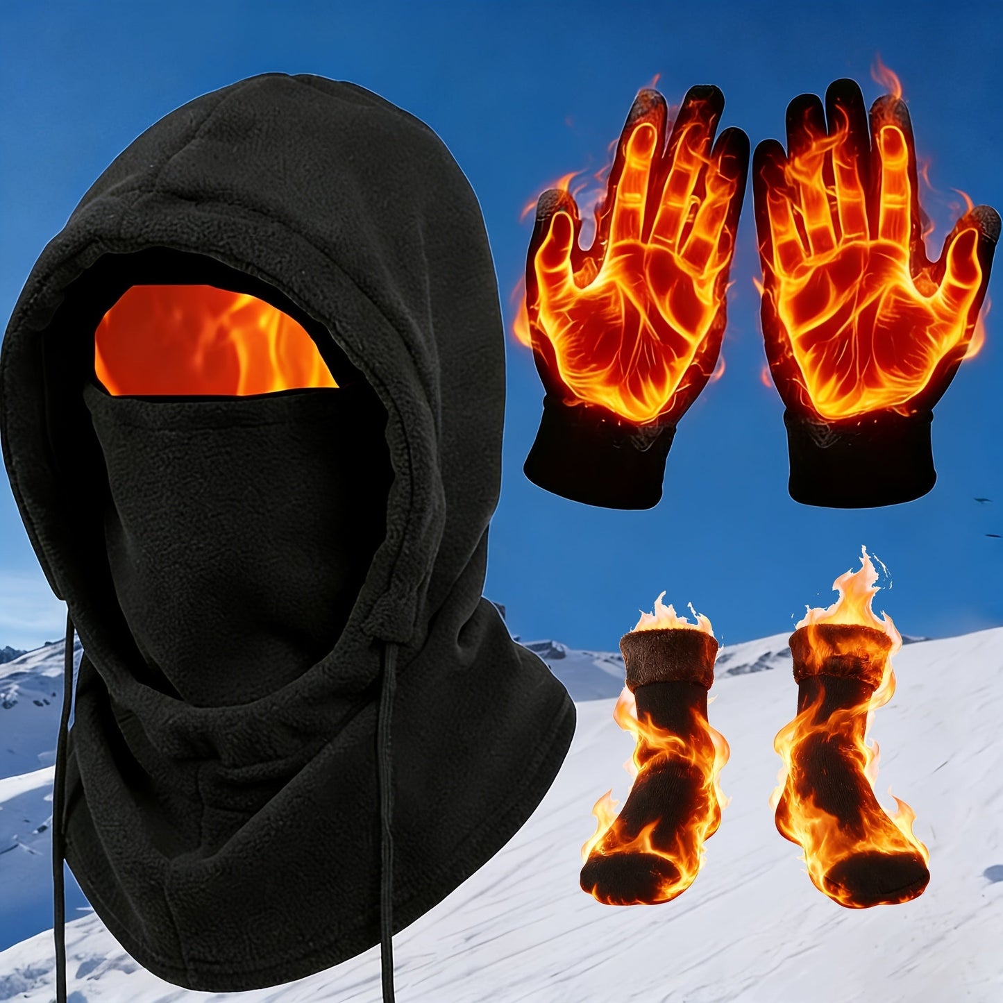 Winter Thermal Set 3/4pcs Windproof Face Mask Touchscreen Gloves Thick Fleece Socks Cold Weather Gear for Snowboarding Skiing Hiking Ice Fishing – Lightweight Warm Outdoor Accessories Bundle