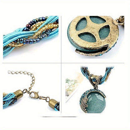 Boho Turquoise Rhinestone Pendant Collar Necklace for Women Vintage Twist Woven Rope Chain Adjustable Statement Jewelry