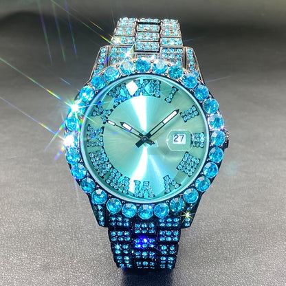 Rhinestone Couples Watch Set Luxury Quartz Movement Calendar Luminous Display for Men Women Red and Ice Blue Rhinestone Party Fashion Gift Watch