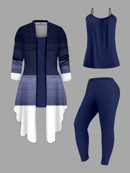 Women's 3-Piece Suit Set – Printed Cardigan Jacket with Solid Slacks & Vest, Elegant Everyday Office Outfit, Blue Navy / Deep Red / Green, Sizes S-XXL