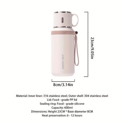 600ml Stainless Steel Tumbler Double Wall Vacuum Insulated Leak-Proof Lid with Handle Cleaning Brush Included Hot Cold Drinks Travel Office Gym Outdoor Water Bottle 20oz