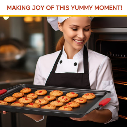 Carbon Steel Nonstick Baking Pan Set 3/9 Pcs – Commercial Grade Oven Safe Bakeware with Red Silicone Handles, Non-stick Inside & Outside, Restaurant Quality Kitchen Cookware for Home Baking