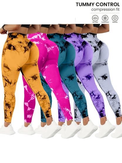 5 Pack High-Waisted Yoga Pants for Women with Tummy Control, Tie-Dye Fitness Leggings Stretchy Running Tights Peach Lift Workout Pants, All-Season Activewear in Various Colors