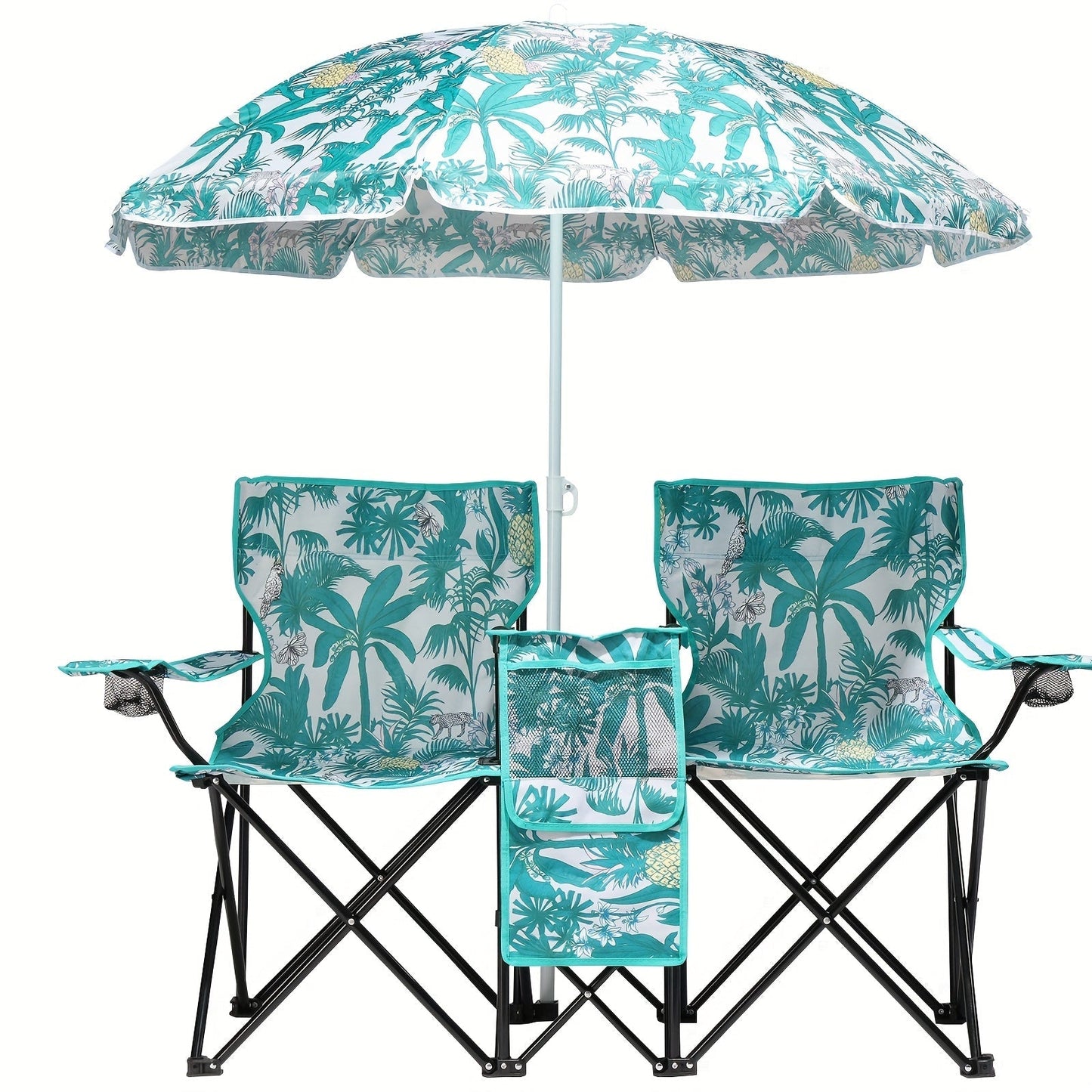 2-Person Outdoor Folding Chair with Removable Sun Umbrella – Portable Loveseat Camping Chair with Handrails for Fishing Beach Sunbathing Picnic