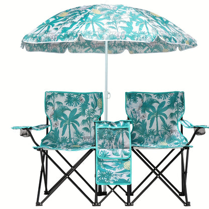 2-Person Outdoor Folding Chair with Removable Sun Umbrella – Portable Loveseat Camping Chair with Handrails for Fishing Beach Sunbathing Picnic