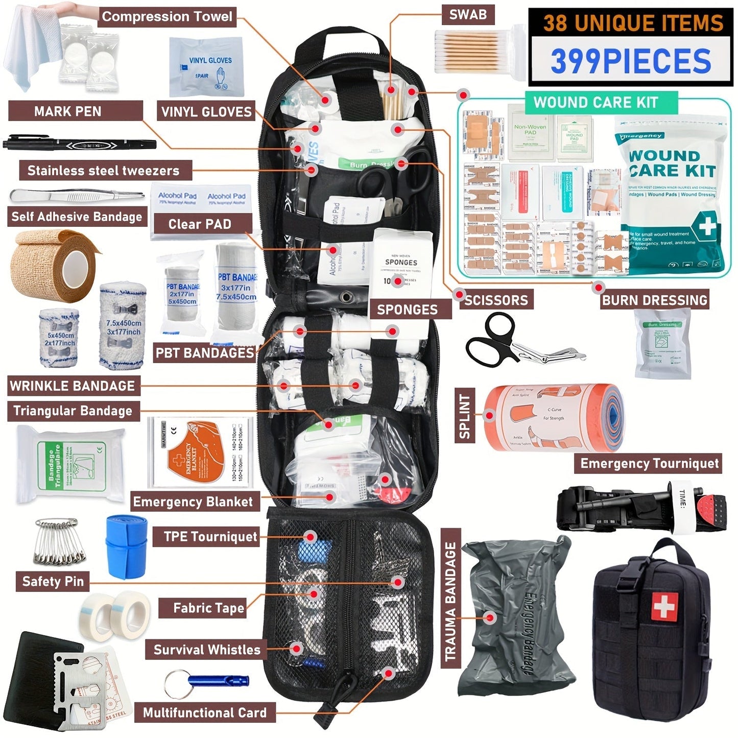 Professional First Aid Kit 399 Piece & 99 Piece Survival Gear Emergency Kit for Hiking Camping Hunting Car Travel – Includes Scissors Tweezers Splints – Gift for Men