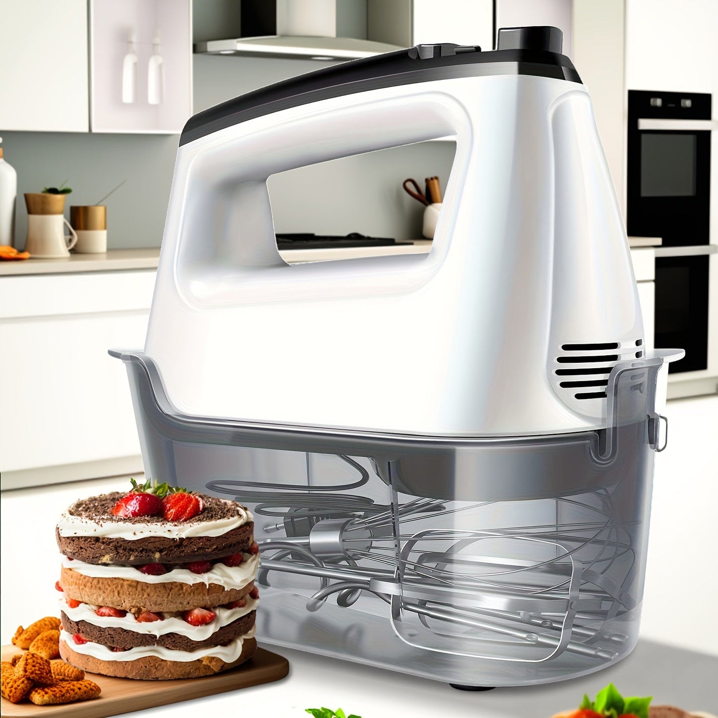 Electric Hand Mixer 5-Speed Plus Turbo with Storage Case & 5 Stainless Steel Attachments - 2 Beaters, 2 Dough Hooks, 1 Whisk, Handheld Kitchen Mixer for Baking, Silver