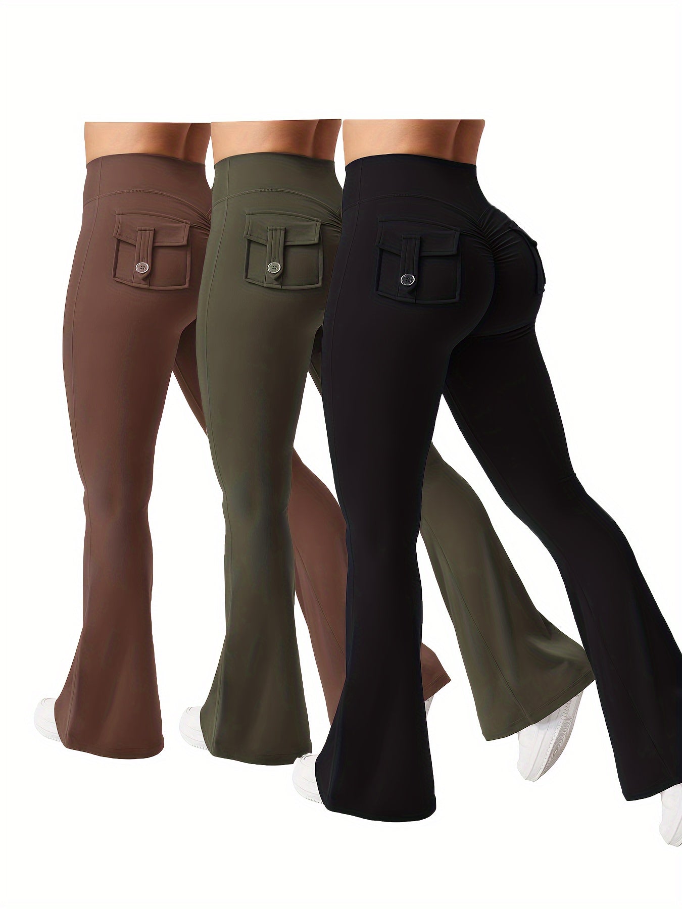 Women's 3-Piece High Waist Flare Yoga Pants Set with Belt and Pockets, Scrunch Butt Lifting Squat Proof 90% Polyester Stretchy Flared Leggings for Workout Gym Running Casual Wear