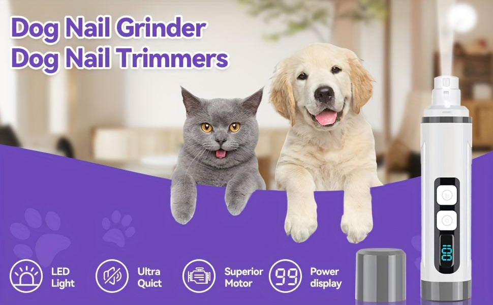 Quiet Dog Nail Grinder with LED Light – 3-Speed Rechargeable Electric Pet Nail Trimmer Kit, Painless Paw Grooming for Small Medium Large Dogs & Cats
