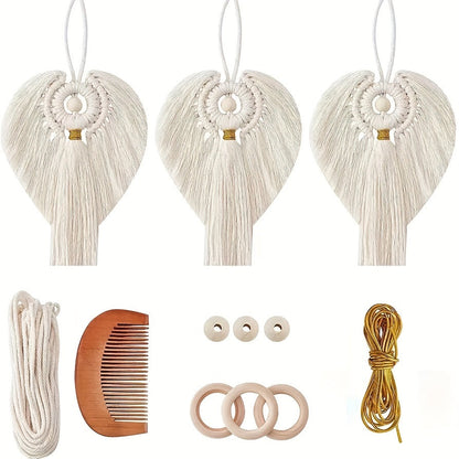 Macrame Angel Ornament Kit 3pcs Golden Accents Boho Wall Hanging Christmas Holiday Home Decor Handcrafted Gift for Mom Girls Winter Display