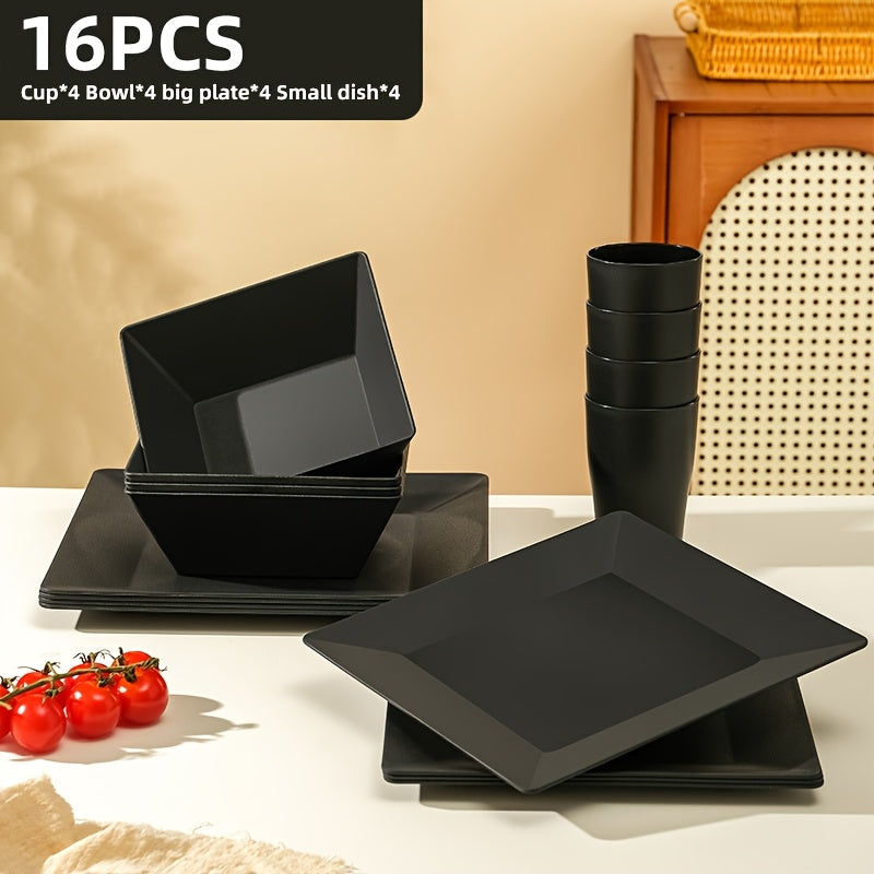 Black Wheat Straw Tableware Set – 16/32 Piece Unbreakable Eco-Friendly Plates Dessert Plates Bowls & Cups for 4-8 People, Outdoor Camping Party Wedding Halloween Kitchen Accessories