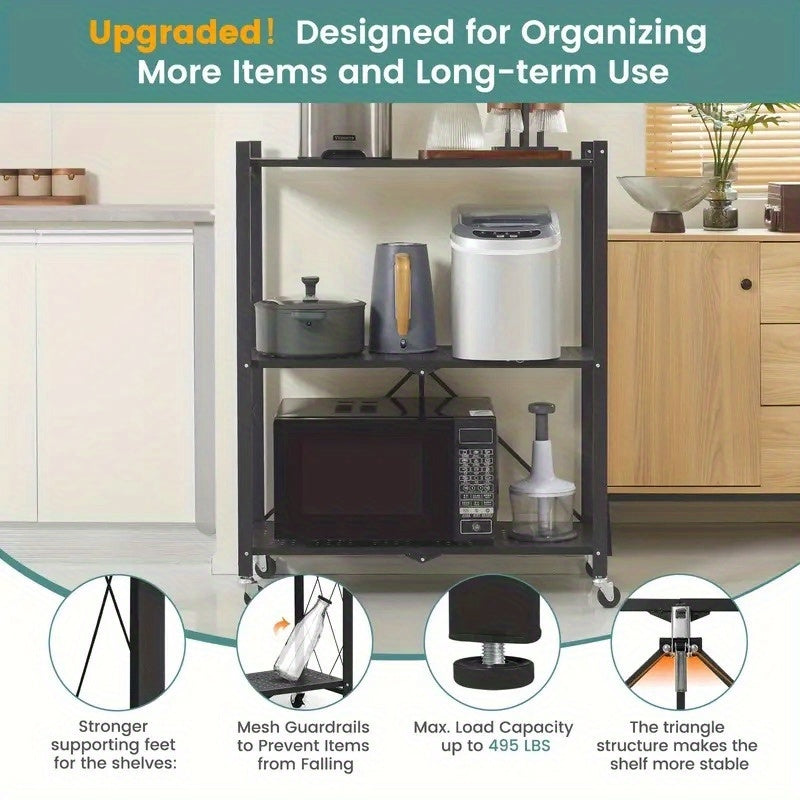 3-Layer Heavy Duty Foldable Metal Storage Rack with Wheels 750 LBS Capacity – Movable Rolling Shelving Unit for Garage, Kitchen, Warehouse & Home Organization, Black
