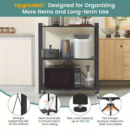3-Layer Heavy Duty Foldable Metal Storage Rack with Wheels 750 LBS Capacity – Movable Rolling Shelving Unit for Garage, Kitchen, Warehouse & Home Organization, Black