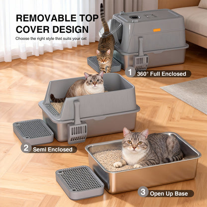 Oversized Enclosed Stainless Steel Cat Litter Box with Lid, Collapsible Anti-Splash Covered Indoor Cat Toilet with Front Flap Door & Superior Odor Control
