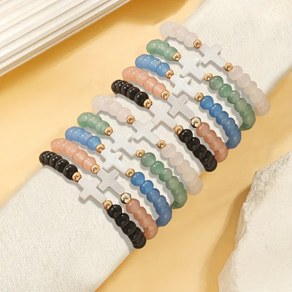 10pcs Boho Cross Glass Bead Bracelet Set – Stackable Multi-Layer Elastic Wristbands with Zircon & Zinc Alloy Accents, Elegant Jewelry for Daily Wear, Parties & Gifting