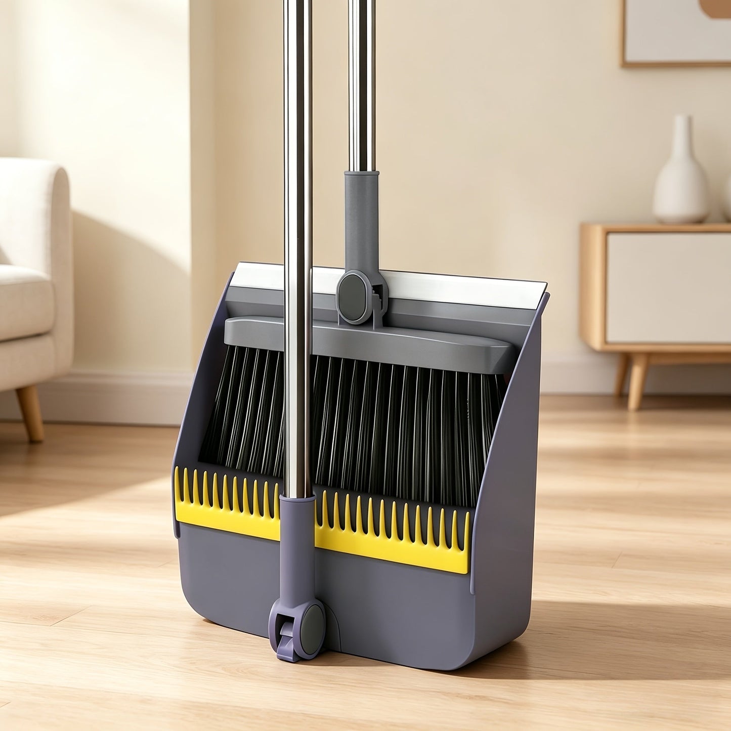 2-in-1 Broom and Dustpan Set Long Handle Foldable Non-Stick Hair Cleaning Hard Floor Sweeper Rotatable Combo for Home Living Room Bedroom Bathroom Outdoor