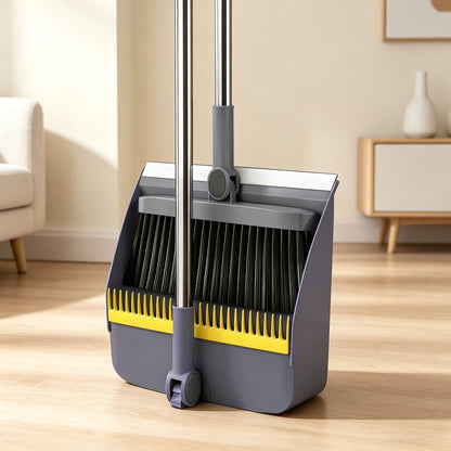 2-in-1 Broom and Dustpan Set Long Handle Foldable Non-Stick Hair Cleaning Hard Floor Sweeper Rotatable Combo for Home Living Room Bedroom Bathroom Outdoor