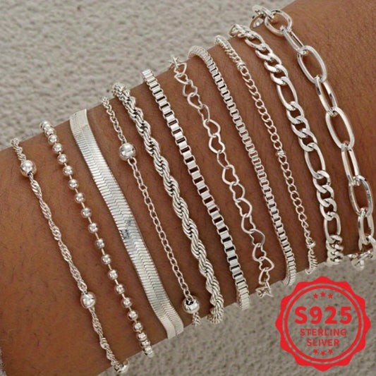 11 Pcs Women's Boho Silver Plated Twisted Snake Chain Bracelet Set – Stackable Layered Bracelets for Women, Minimalist Vacation & Daily Wear Jewelry, Perfect Gift Set