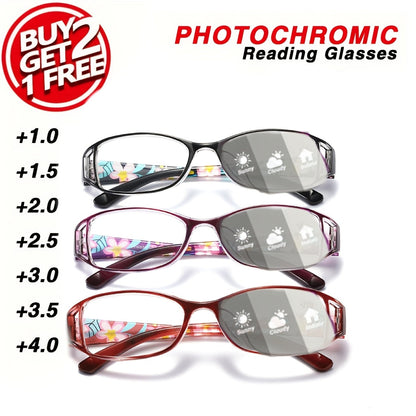 3-Pack Women's Photochromic Reading Glasses Floral Frame Anti Blue Light Lightweight Color Changing Lenses Indoor Outdoor +100 to +400