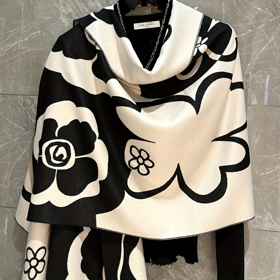 Women's Elegant Floral Print Shawl Scarf – Soft Warm Fleece-Like Texture, Lightweight Breathable Winter Wrap, Versatile Blanket Scarf for Casual & Formal Outfits