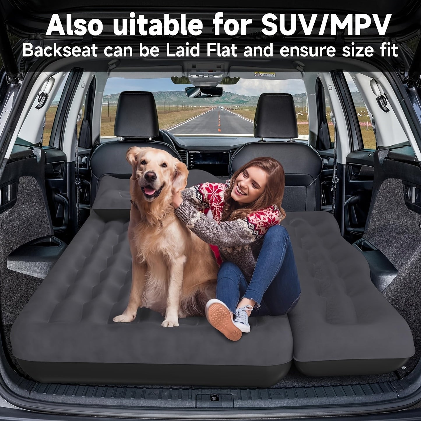 Inflatable Car Mattress for Back Seat SUV Truck MPV – Portable Air Bed with 2 Pillows for Camping Road Trips Outdoor Travel Dark Blue