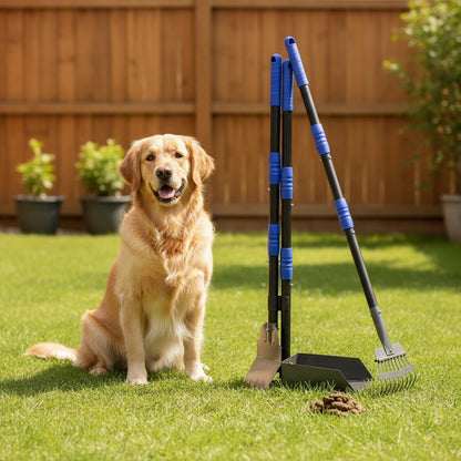 Stainless Steel Dog Pooper Scooper Set with Adjustable Long Handle – Rust-Proof Tray & Rake Pet Waste Removal Tool, No Bending, Easy to Clean, Ideal for All Dog Breeds, Outdoor Yard & Grass Use